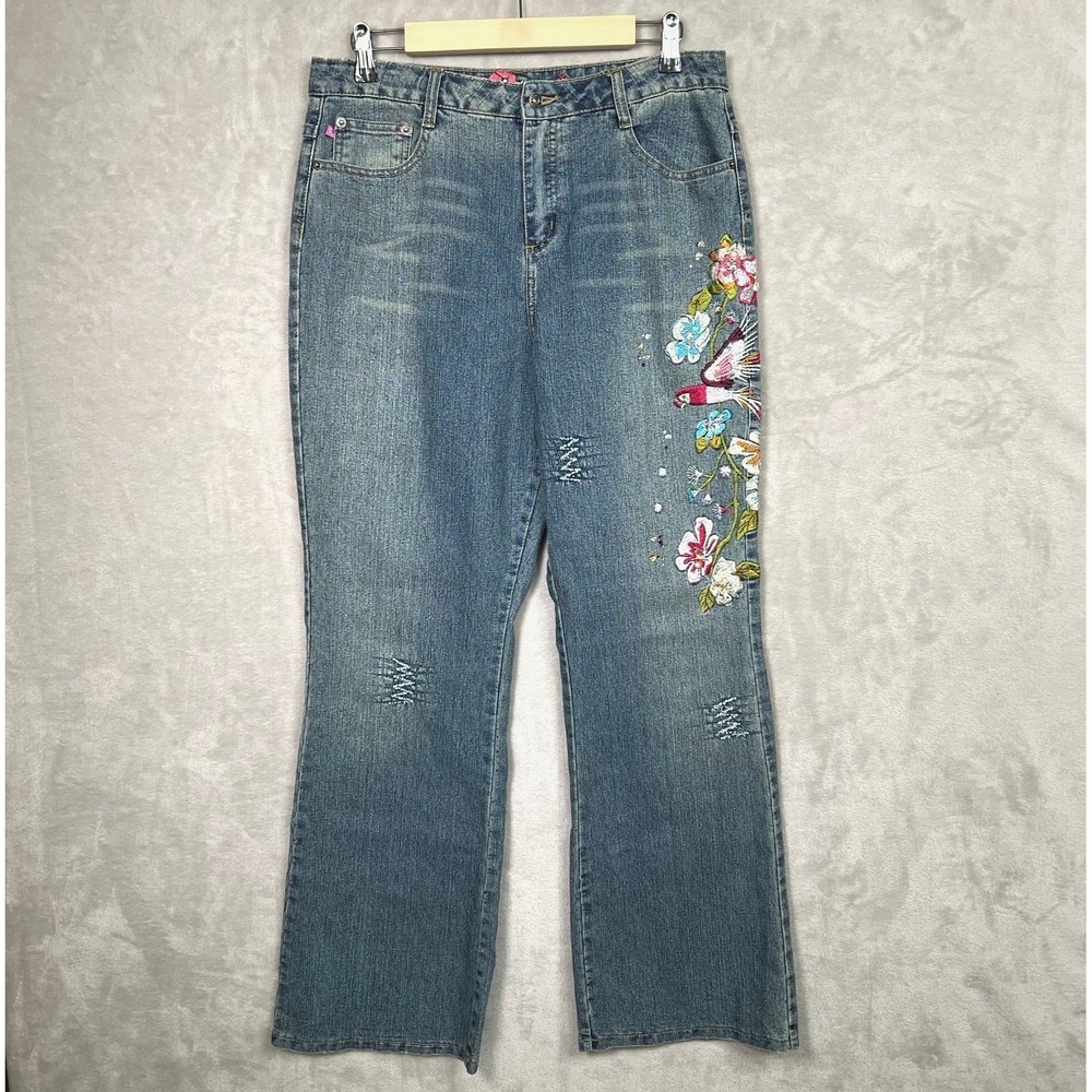 Vtg Zana Di Jeans Womens 16.5 Blue Embroidered Bird Floral Rhinestone Hippie Y2K
